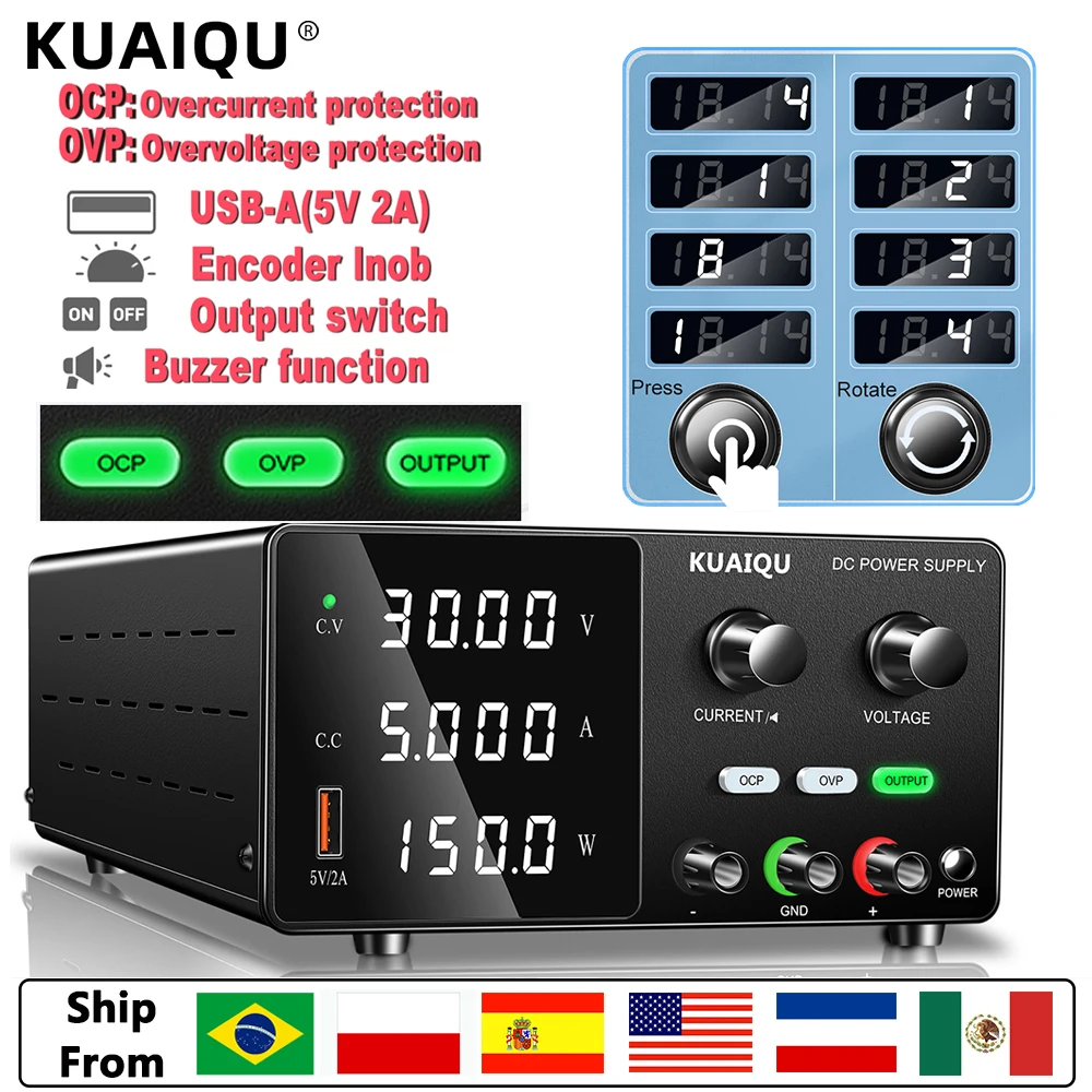 

KUAIQU 30 В 10 А 5 А Регулируемый импульсный источник питания постоянного тока Лабораторный настольный источник питания 60 В 5 А 160 В 2 А Выход с предустановленным током Интерфейс USB