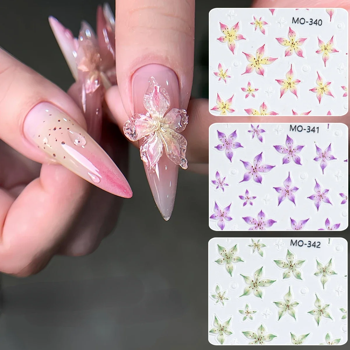 Lily Flower Nail Decals Jelly Nail Art  Manicure 5D Flower Sticker Mix Size Decals Acrylic Adhesive Gel Sliders Summer Stickers