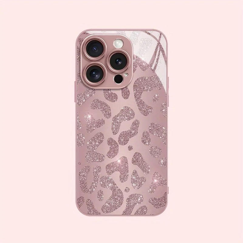 

Fashion Pink Leopard Print Metallic Paint Glass Hard Phone Case For iPhone 17 16 15 11 12 13 14 Pro Max Plus 16E 17Air Cover