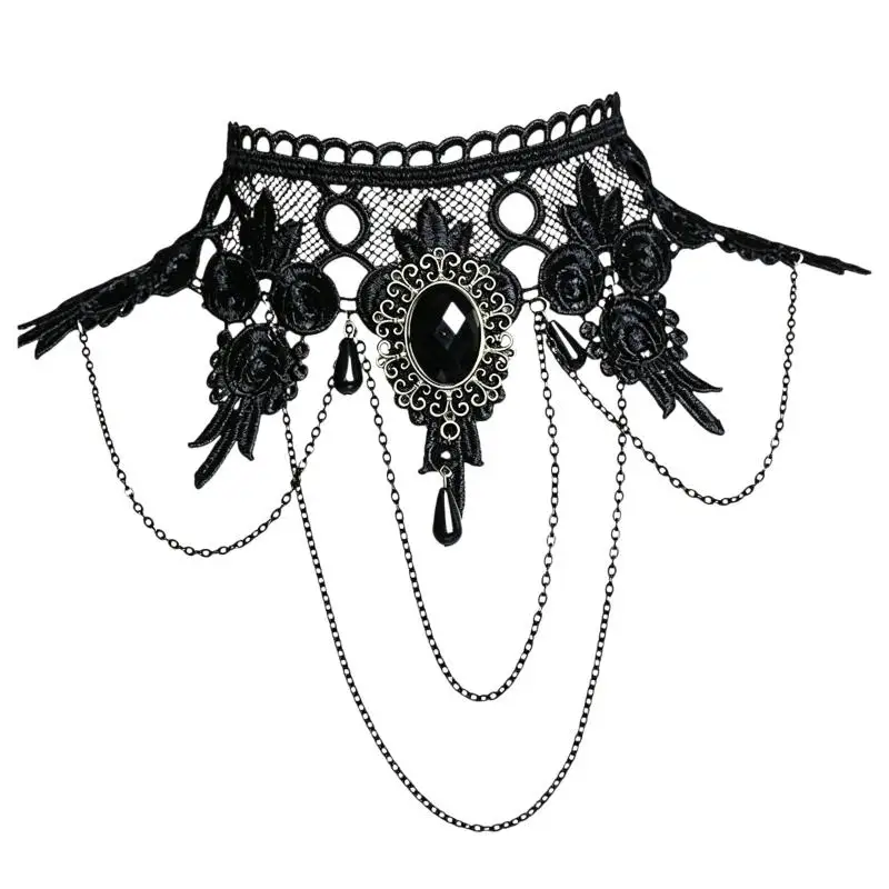 Neue Sexy Gothic Choker Kristall Schwarze Spitze Halskette Vintage Damen Choker Steampunk Schmuck – Detail 8