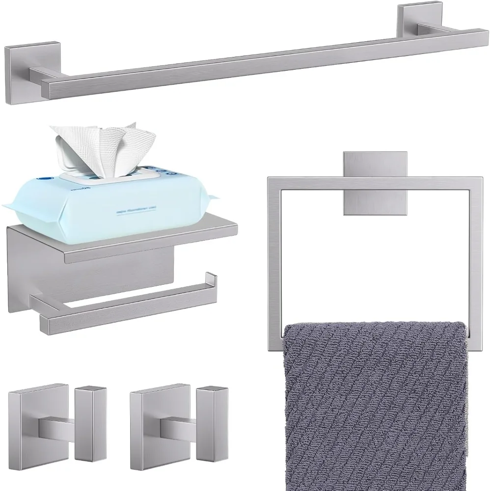 

Brushed Nickel 5-Pieces Bathroom Hardware Set Towel Bar Holder with Toilet Paper Shelf Wall-Mounted Stainless Steel