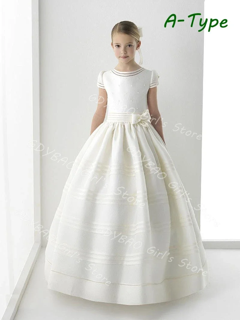 White Flower Girl Dresses With Bow 2025 Kids First Communion Dress Cap Sleeve Tulle Princess Pageant Gowns Custom Made Vestidos