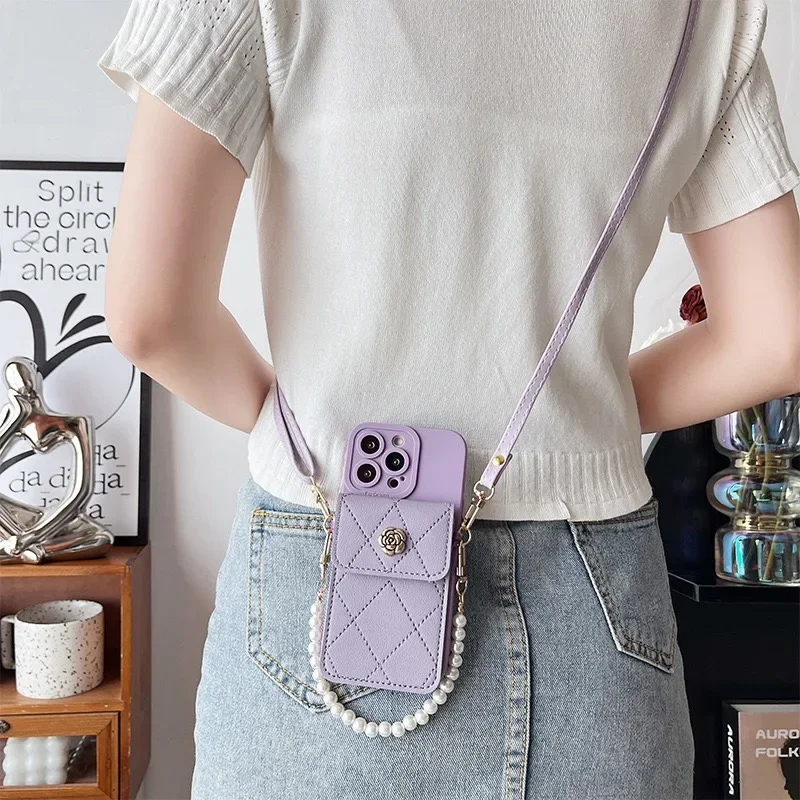 

Pearl Strap Case For Xiaomi POCO F6 X6 NEO M6 Pro X5 F5 Redmi 14C 13C Mi 14T Wallet Card Flower Crossbody Cord Lanyard Bag Cover