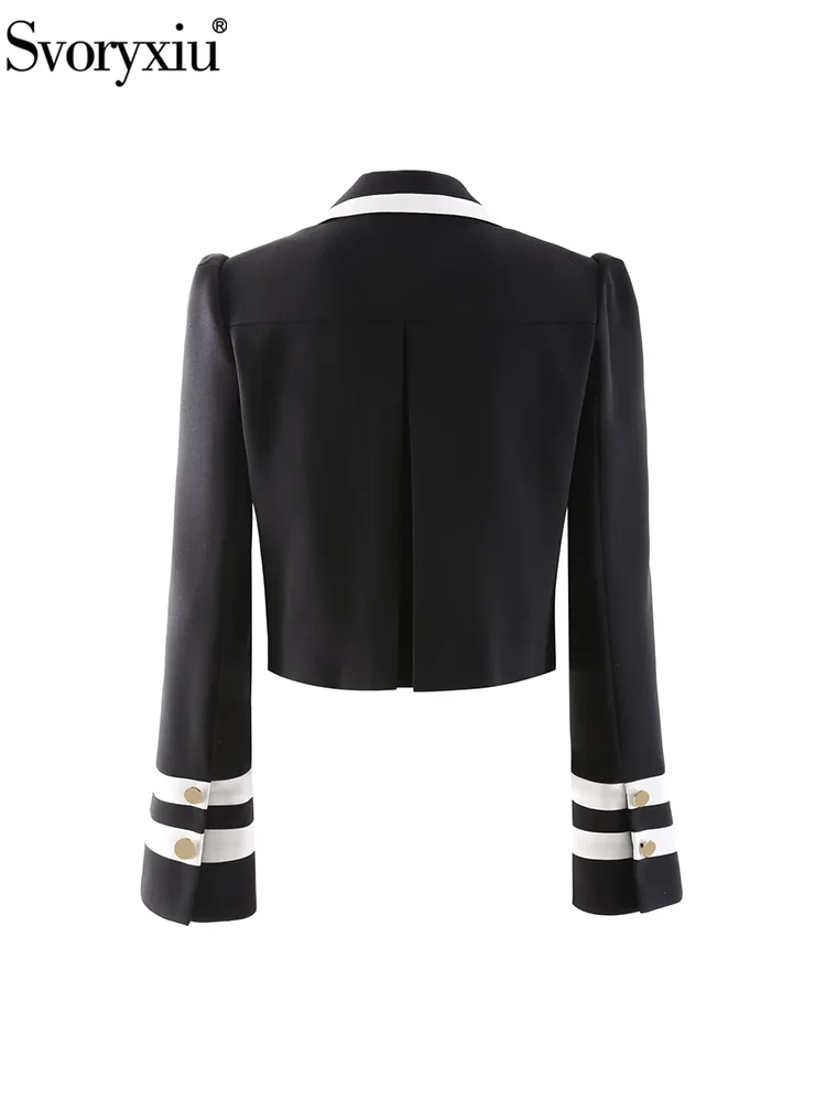 Svoryxiu Fashion Runway Autumn Black Short Style Jacket Women's Striped Turn-down Collar Straight Barrel Long Sleeve Slim Jacket