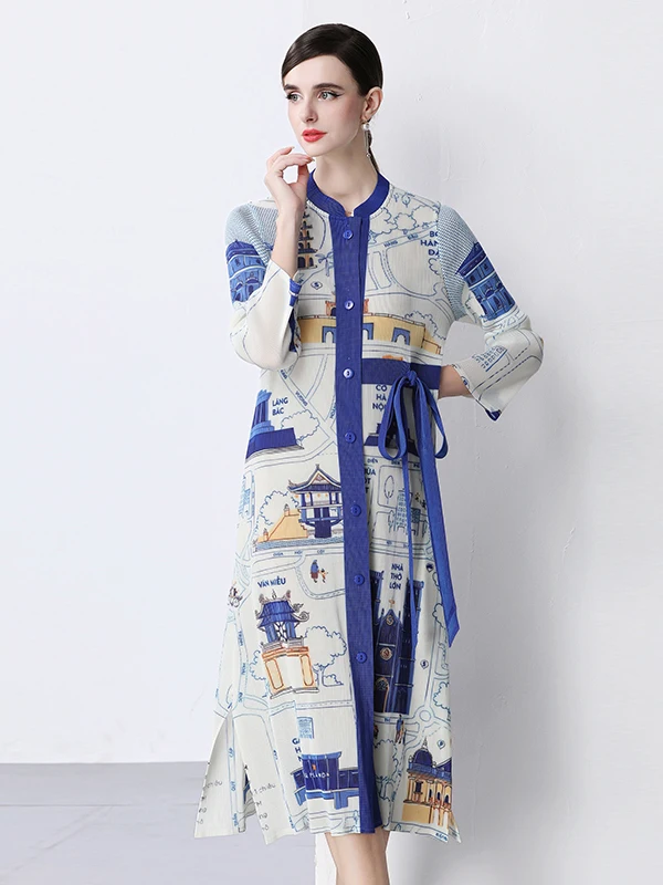 

Ele Pleated Print Skirt Dr High Elastici Stand Collar Button Detail Spring Autumn New Sle Age Defng Women's Dr