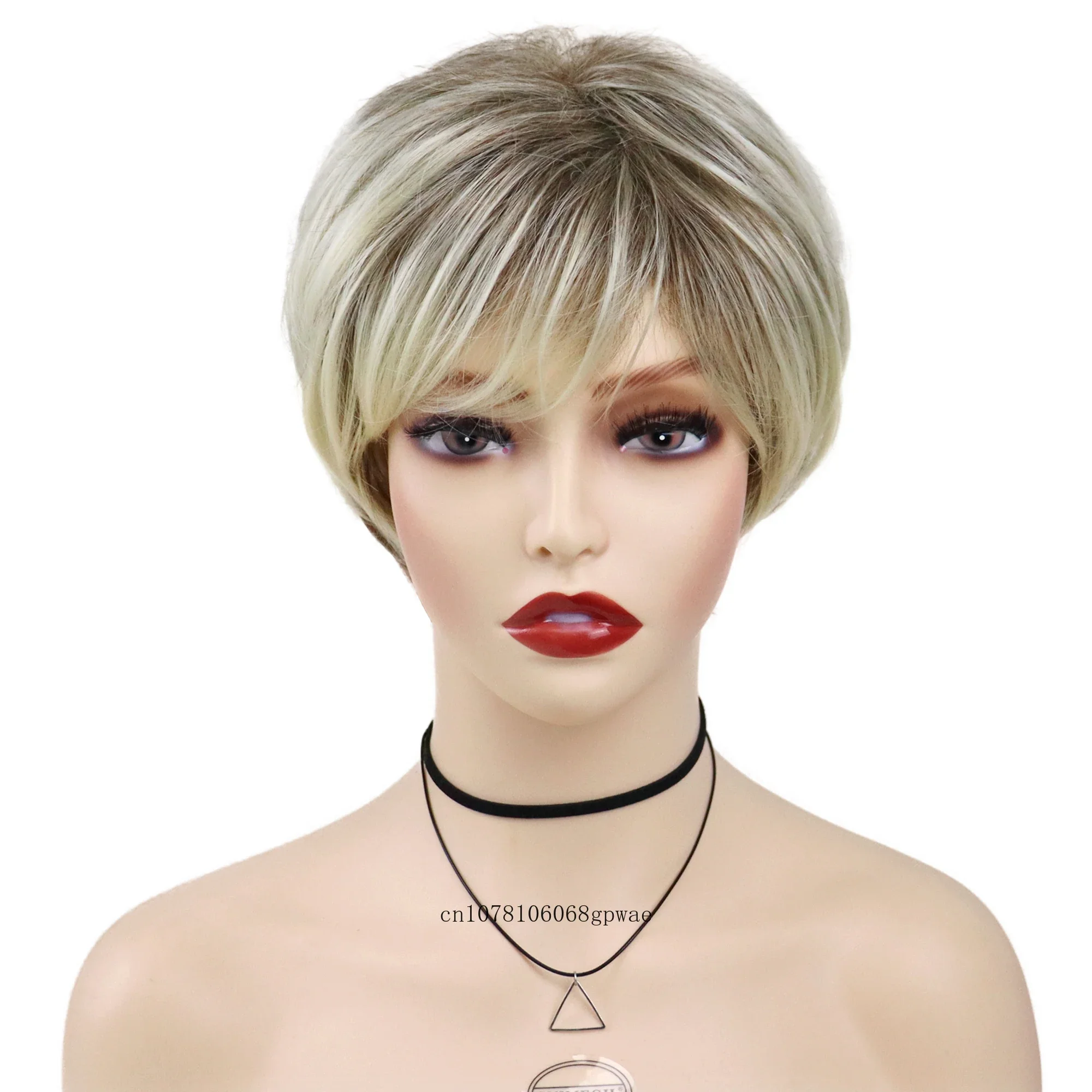 Short Pixie Wig for Women Syntehtic Blonde Mix Brown Hair Female Wigs with Bangs Natural Soft Daily Casual Costume Party Use