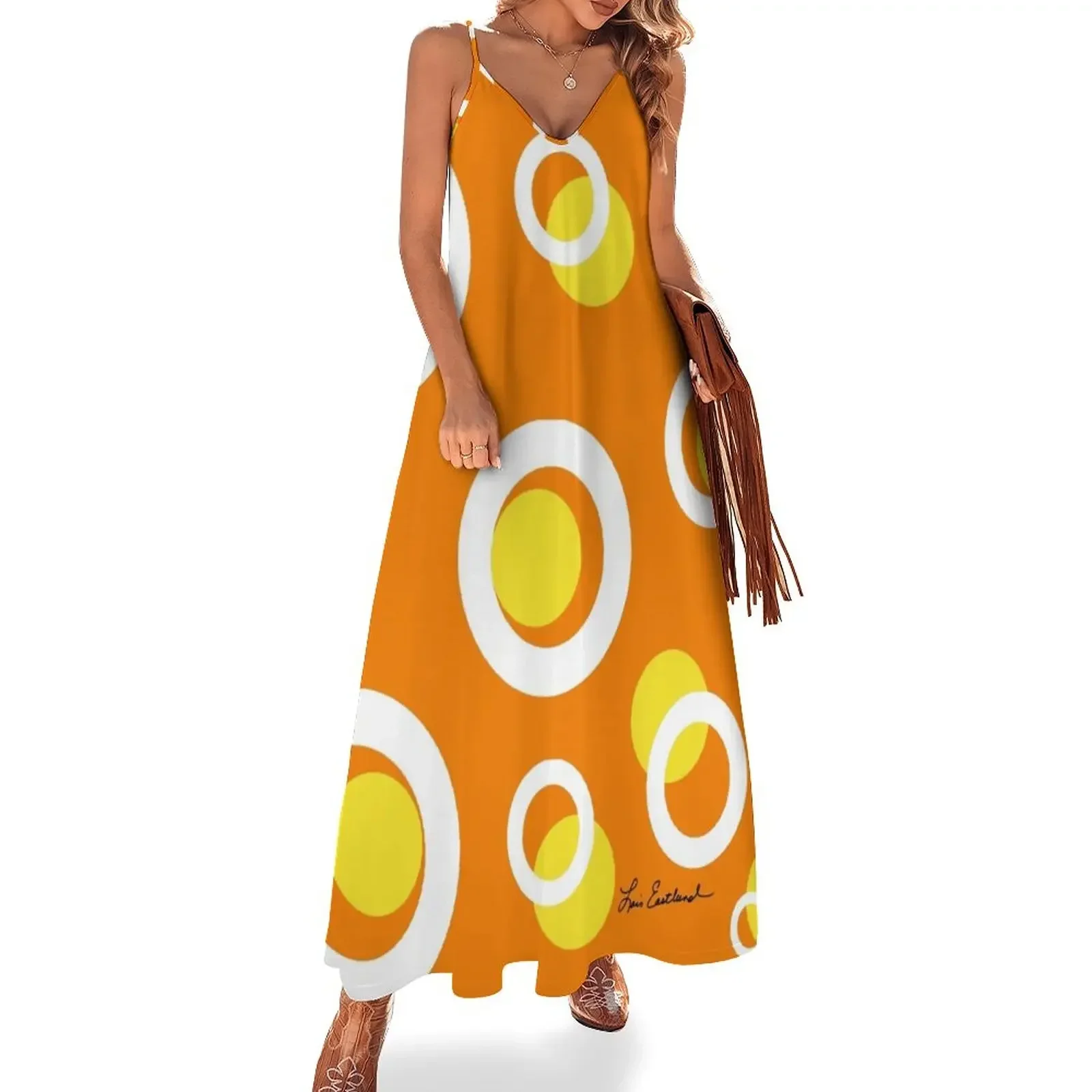 

Orange White Yellow Mod Circles Sleeveless Dress women clothes Beachwear Dress