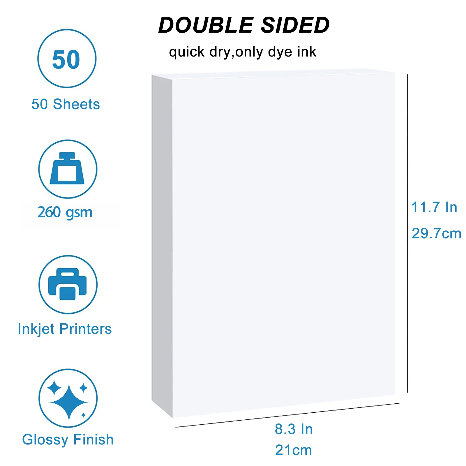 A4 260 GSM Double-Sided Photo Paper High Glossy Photographic Paper - 50 Sheets 8.3x11.7 Inch