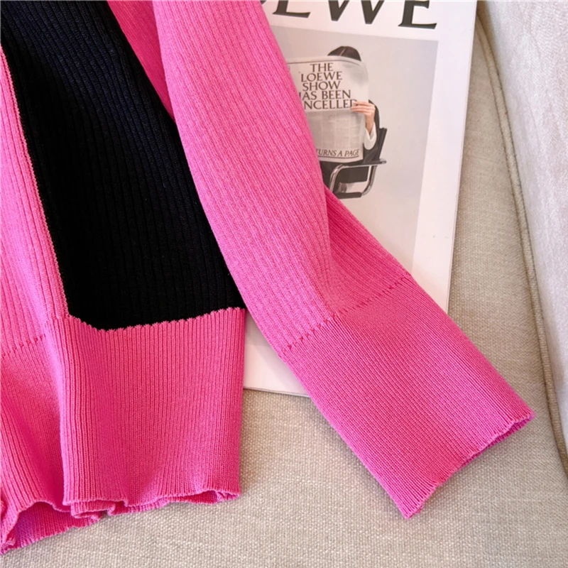 V Neck Cardigan Sweater Women 2023 Spring Autumn Contrast Color Long Sleeve Knitted Tops Female Korean Style Clothes Pull Femme