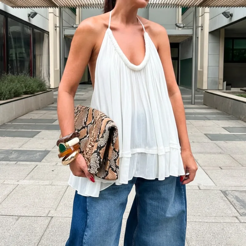 

Tsiisd White Loose Necklace V-Neck Women's Top Backless Sexy Streetwear Party Clubwear Y2k Top Women Vest Tank Summer 2026 New