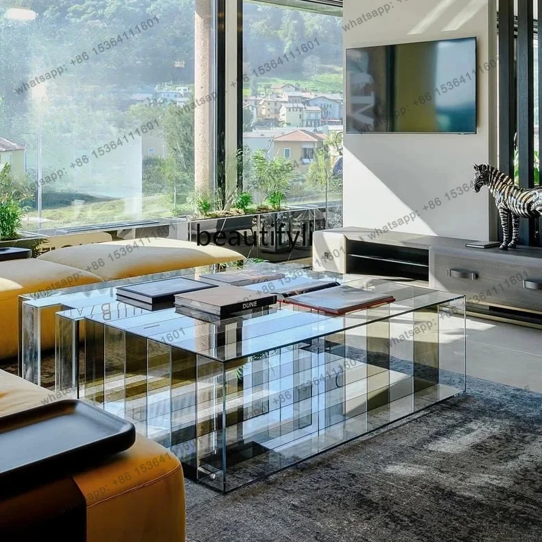Factory Direct  Italian minimalist transparent tempered glass splicing coffee table, household simplicity, striped coffee table