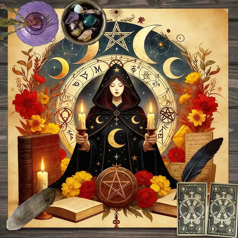 VIKAMA Vintage Witch Triple Moon Tarot Table Cloth Floral Pentagram Altar Cloth Wiccan Divination Occult Ritual Table Mat