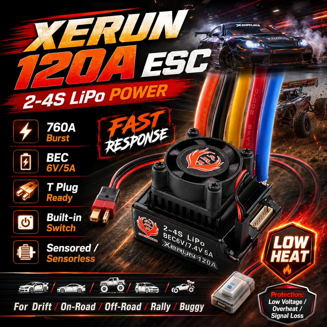 Fire Phoenix XeRun 120A ESC Brushless Electronic Speed Controller 2-4S for 1/10 Remote Control Drift Racing Off-road Buggy Car