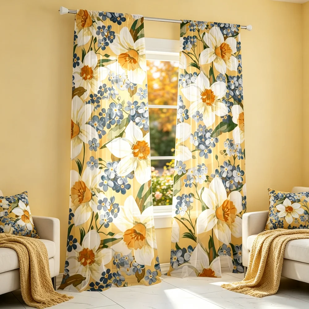 2PCS Sheer Curtains, Yellow White Daffodils Blue Print, Bedroom Living Room Window Drapes, Rod Pocket Polyester, Home Decor