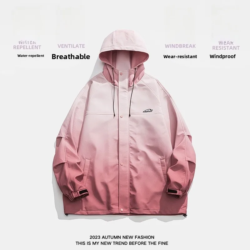 

Pink Gradient Thin Outerwear Men's Jacket Couple Matching Outdoor Climbing Clothes Autumn Travel Fashion Youth Popular Style