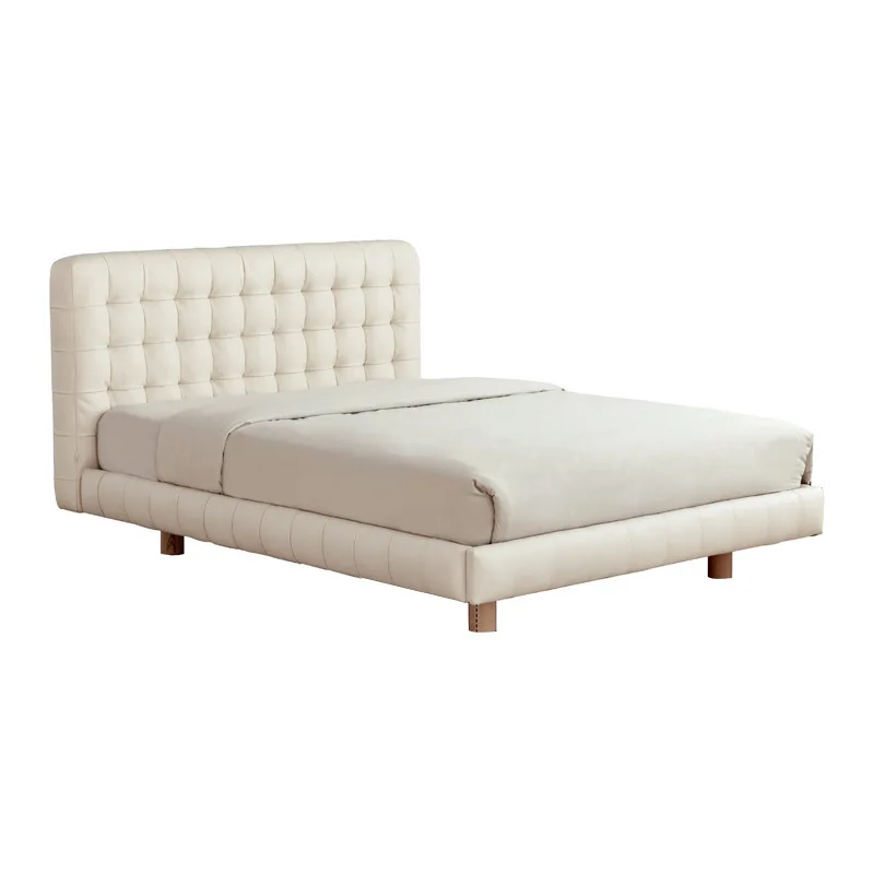 

Suspension bed modern simple master bedroom first layer cowhide cream wind solid wood soft bag