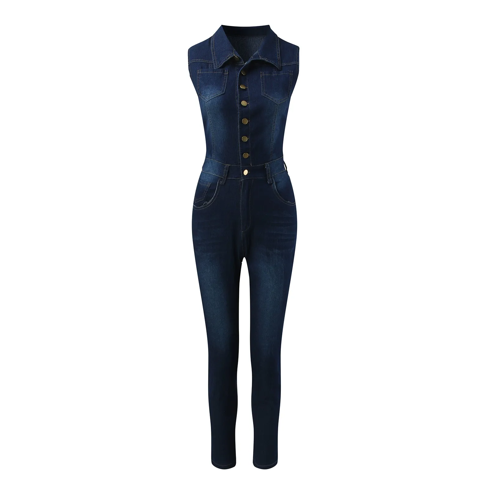 Denim Jumpsuits Women Elegant Vintgae Sleevelss Lapel Button Up Slim Jeans Overalls Fashion High Waist Stree One-Piece Rompers