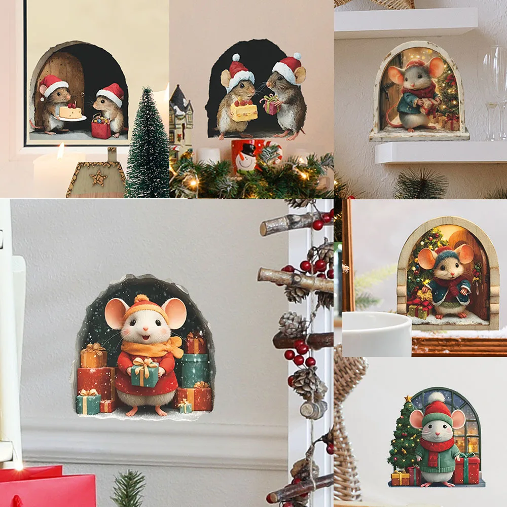 Happy New Year 2026 Cute Christmas Small Mouse Wall Stickers Xmas Decoration For Home Noel Navidad Merry Christmas Decor 2025