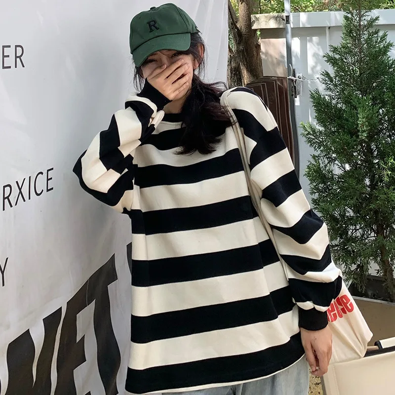 

Spring Autumn Korean Fashion O-Neck Striped Long Sleeve Oversized Pullovers Women Loose Casual Sweatershirt Harajuku Tops Teen