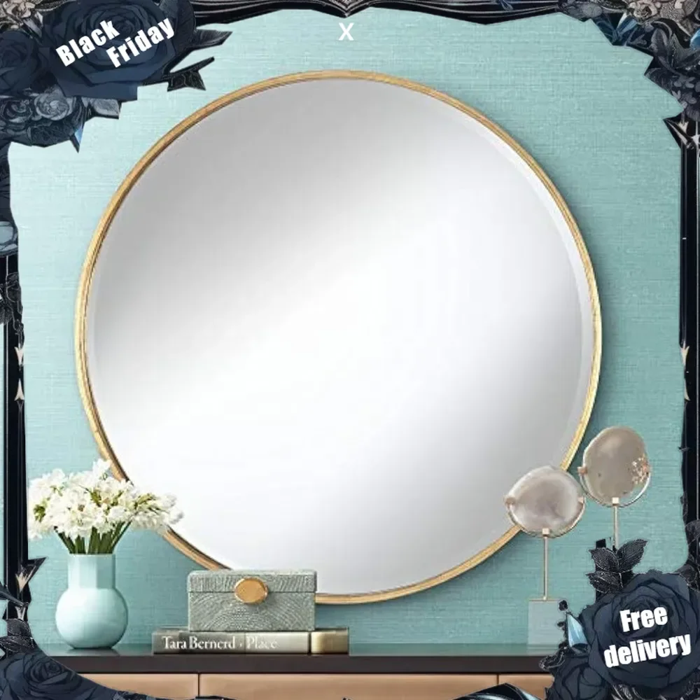 Mayfair Round Vanity Decorative Wall Mirror Vintage Rustic Antique Gold Metal Frame Beveled Glass Edge 34