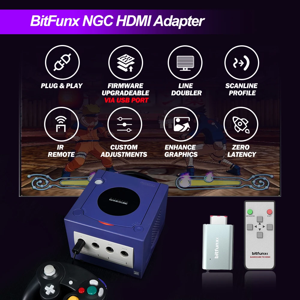 BitFunx NGC To Digital HDMI Converter Adapter Line Doubler and SD2SP2 MicroSD Card Reader Adapter For All Gamecube Game Consoles