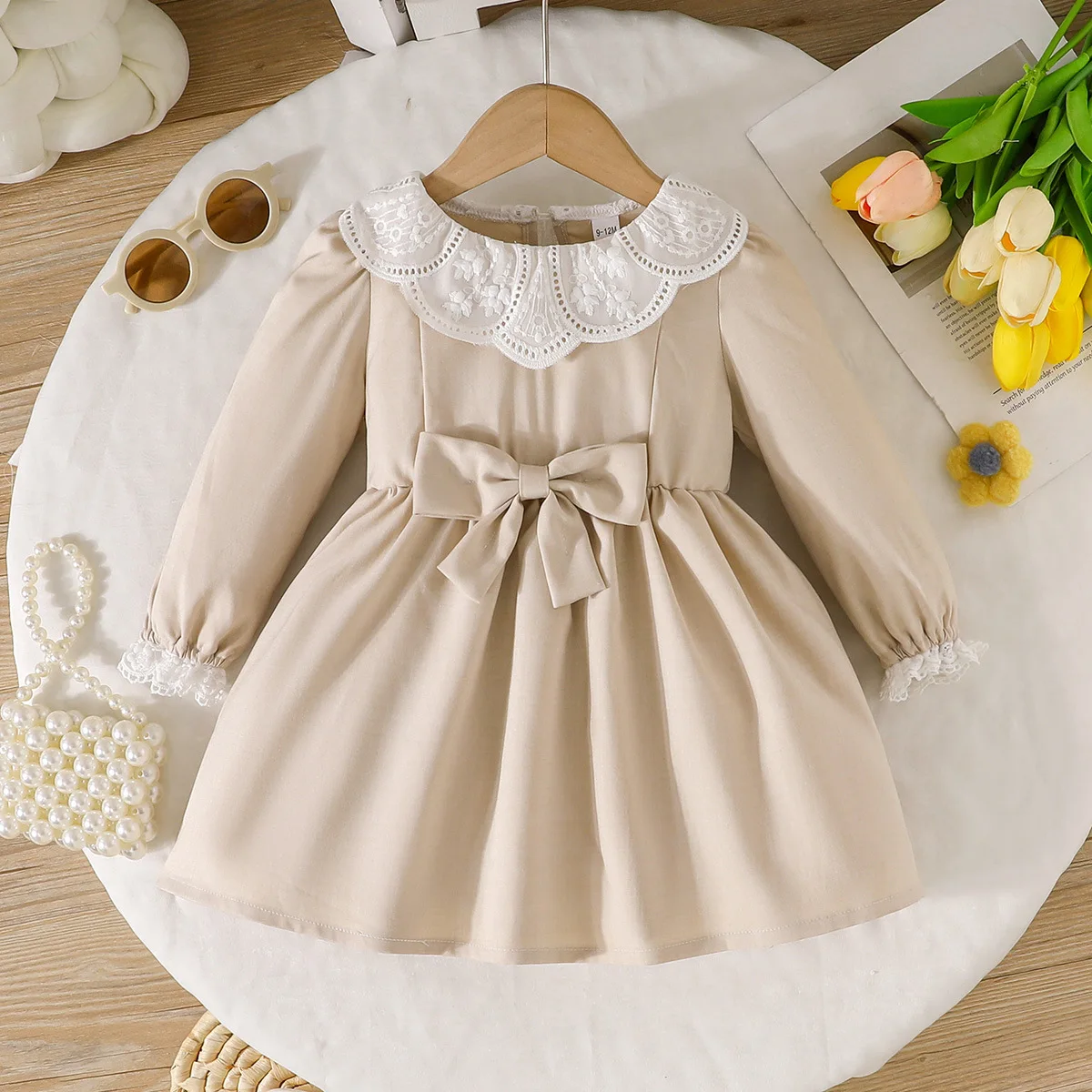 2026 Childrens Dress Beige Apricot Doll Collar Lace Patchwork Bow Knot Waisted Long Sleeve Princess Dress