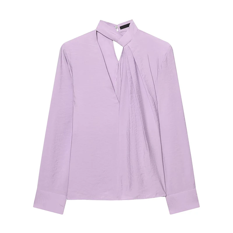

YENKYE Elegant Light Purple Twist Collar Spring Shirt Women High Neck Keyhole Long Sleeve Office Blouse