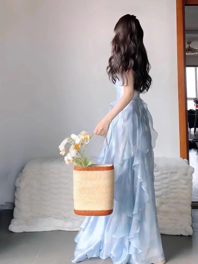 Rixo Dore Blue Summer Long Skirt Women's French Sle A-Line Gown Beach Vaion Sensation Off-oulder Chiffon Dr