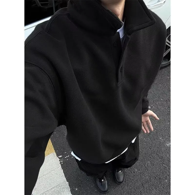 Polo Collar Sweatshirt Men's Spring Autumn Style Long-sleeved Bottoming Shirt American Retro Lapel Jacket