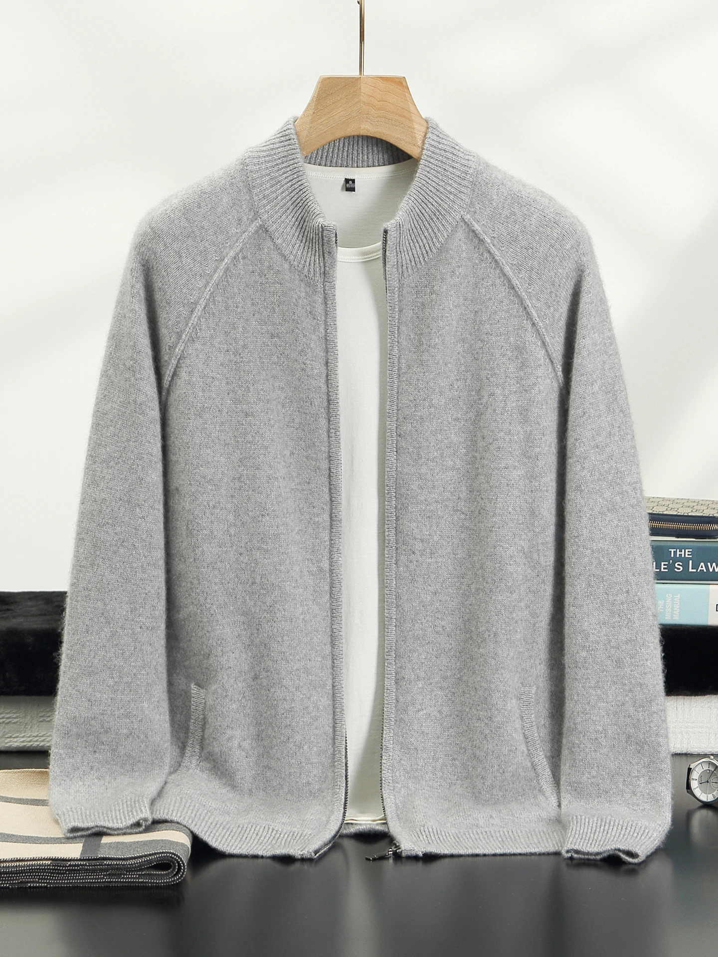 Classic Autumn Winter Men's 100% Cashmere Sweater Mock-Neck Cardigan Raglan Sleeve Jacket With Side Pockets Coat Clothing Tops