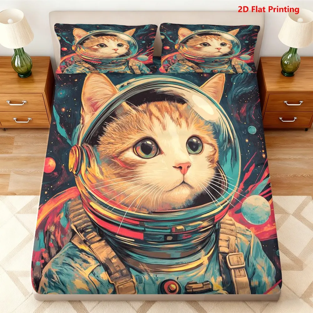 Space Cat Astronaut Bed Sheet Set Bed Sheets Full Set Mattress Protector Breathable Polyester Material (Includes 1 Fitted Sheet + 2 Pillowcases) Mattress Protector Fitted Elastic Style Protective Cover Mattress Protector, Fitted Bedding Set Christmas Themed Bedding Baby Bedding Suitable for Nursery Room