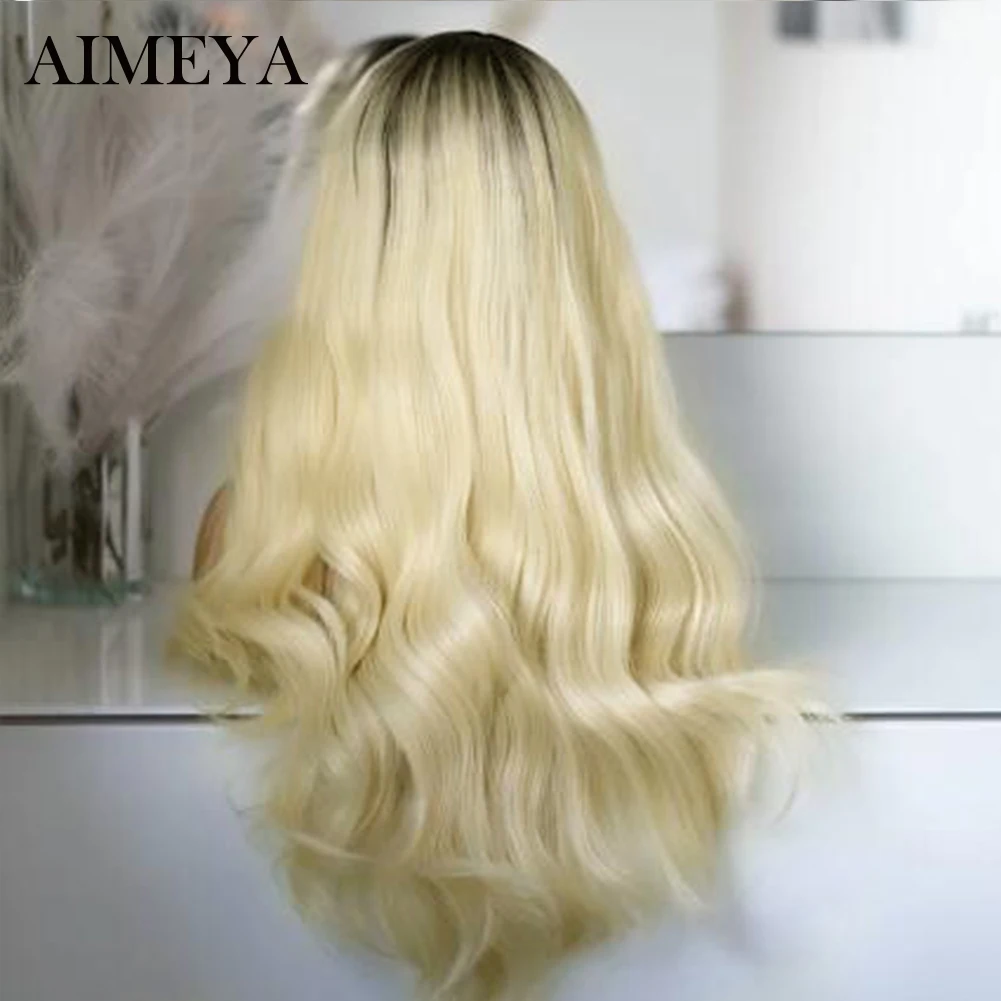 AIMEYA Ombre Lace Front Wig Black/Blonde Synthetic Lace Wigs for Women Natural Wave Synthetic Cosplay Prty Wigs Heat Resistant