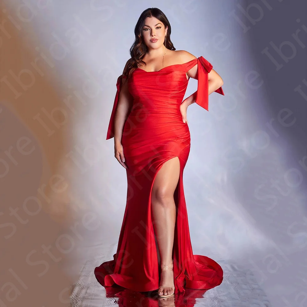 

Modern Red Evening Dresses Mermaid Plus Size Back Out Prom Gowns Off Shoulder Side Split Wedding Guest Gowns Big Size 2024