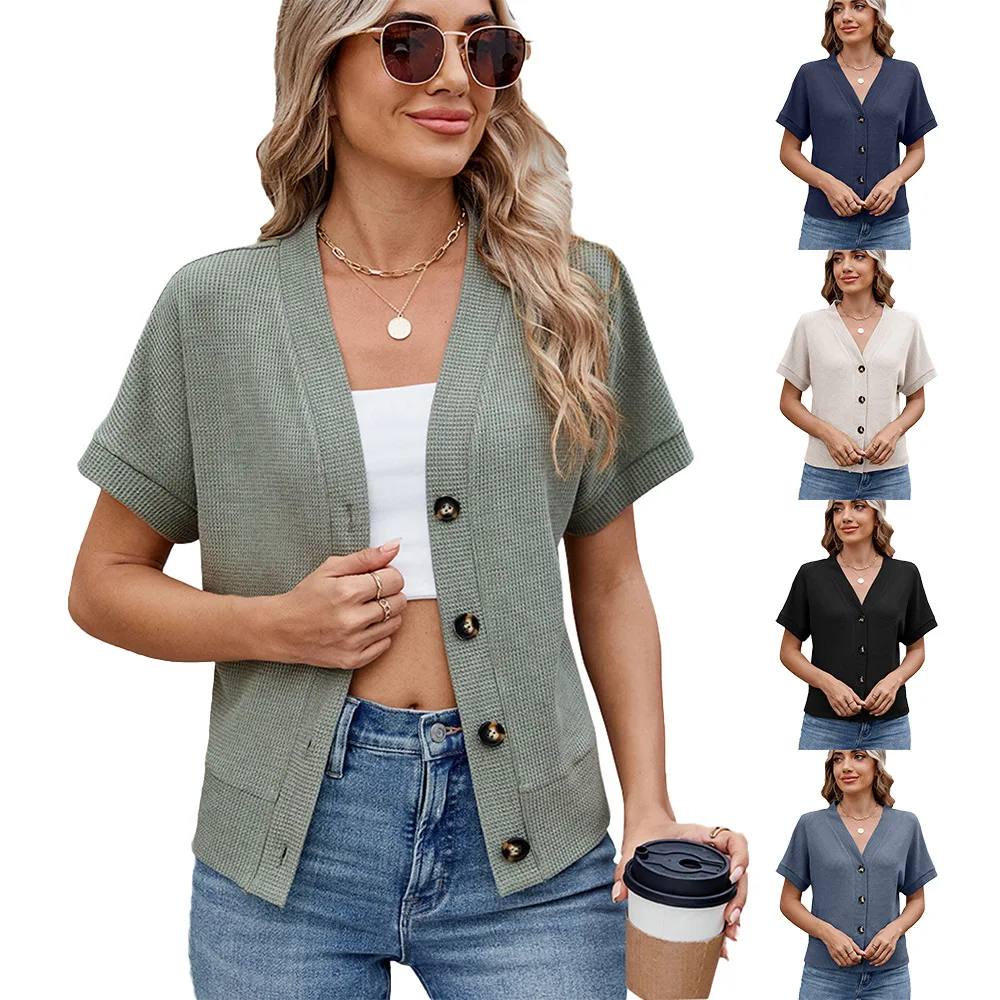 

Women's V Neck Shirts Short Sleeve Knitted Cardigan Tops Casual Summer Button Down T-Shirts Fashion Jacket Loose Blouses
