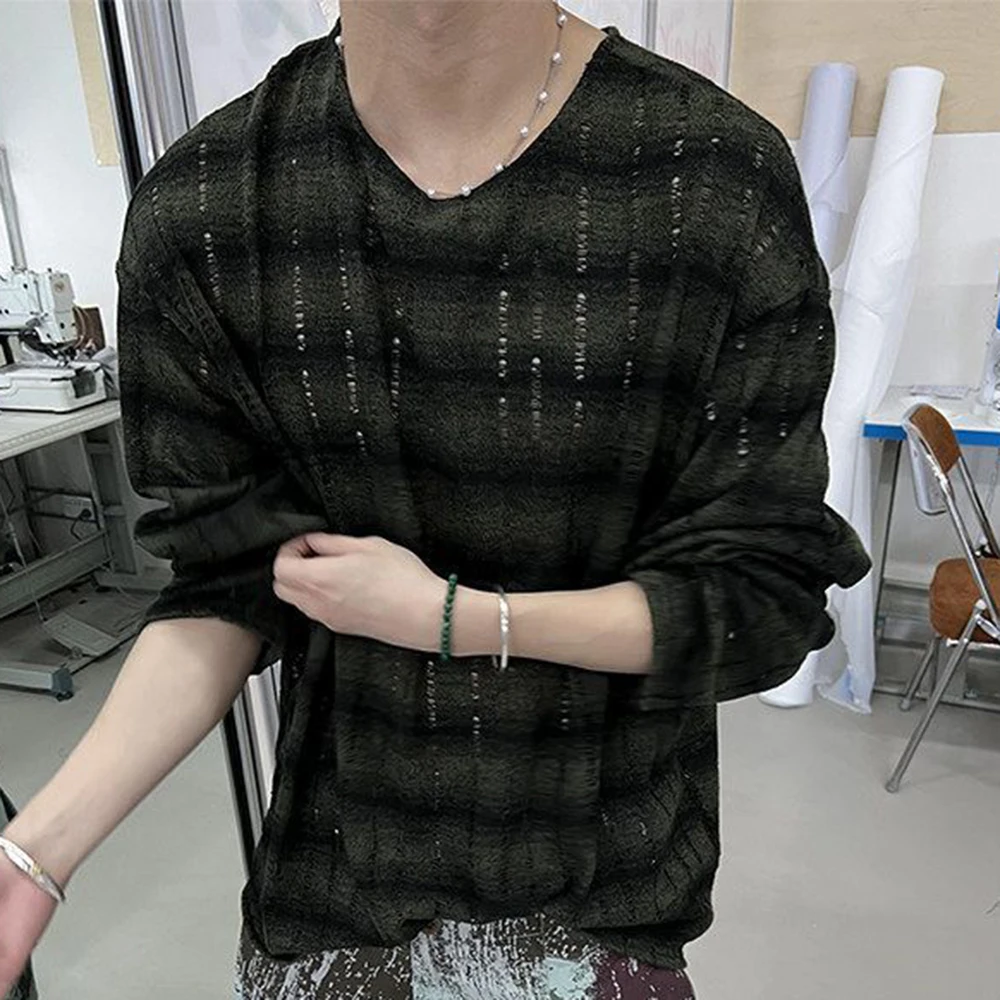 Mens Gradient Ripped Hollow Out Knit T Shirt Streetwear Fashion Youth Outdoor Trend Thin Long Sleeved Top Men'S Clothing 2026