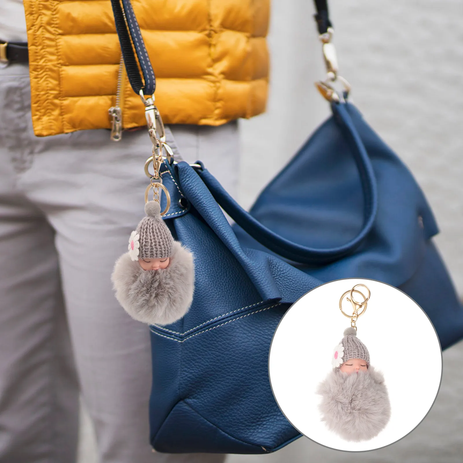 Dormindo bebê bola pompom chaveiro luz cinza encantador bolsa carro carteira pingente novidade chaveiro presente para mulher
