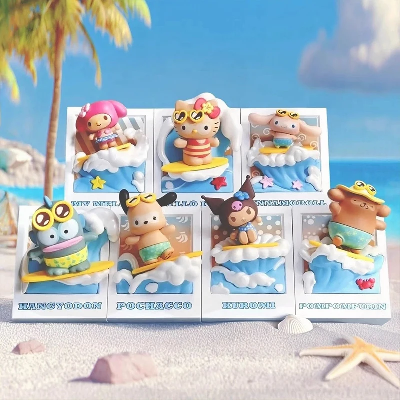 

Genuine Sanrio Family Summer Surfing Series Blind Box Kawaii Magnetic Handheld Cute Doll Accessories Mystery Box Birthday Gifts
