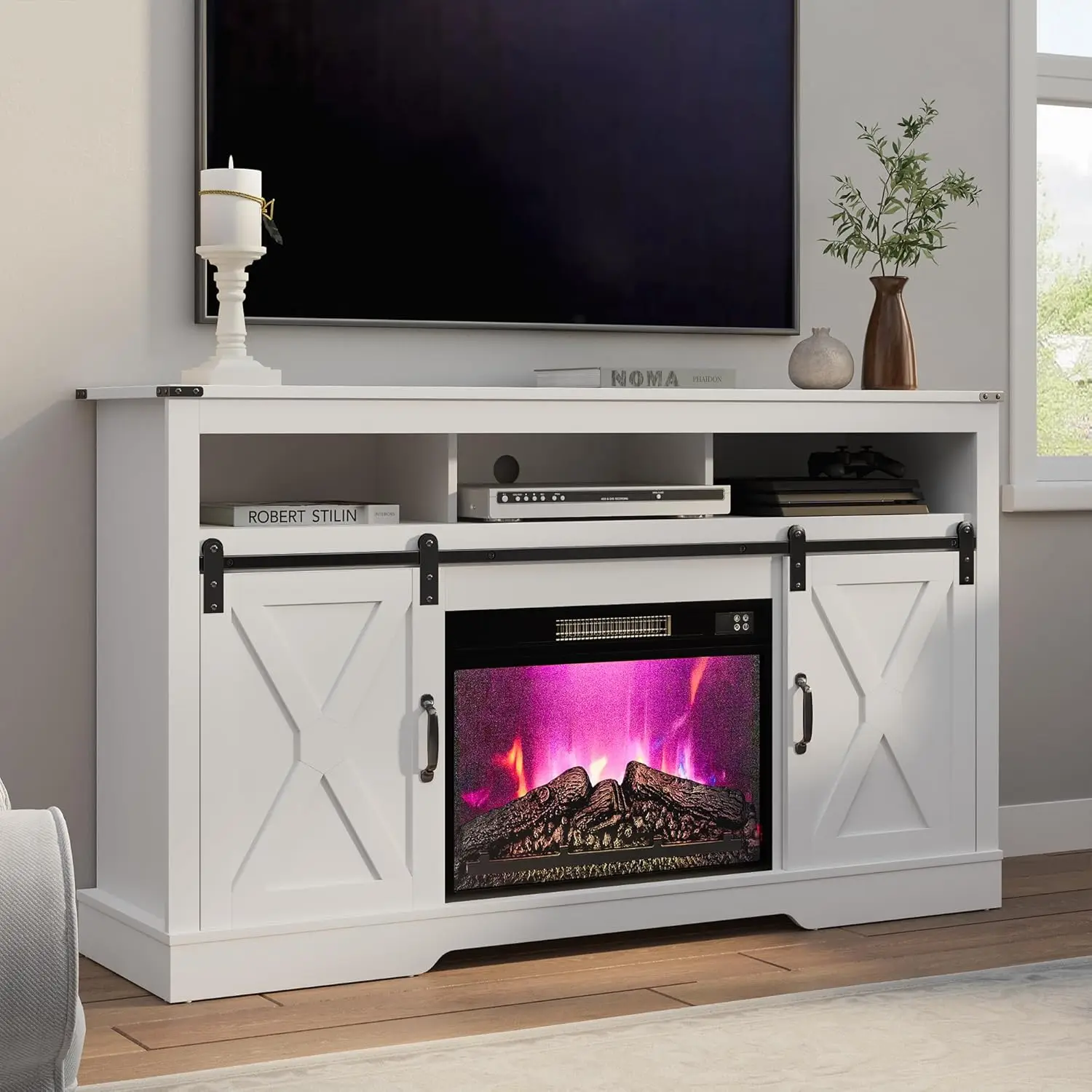 Farmhouse Fireplace TV Stand for 65+ Inch TV, Entertainment Center with 23