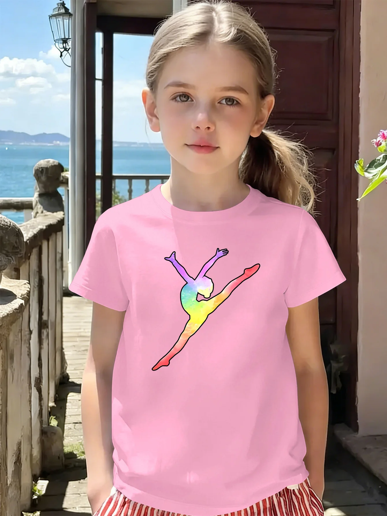 Vibrant Rainbow Gymnast Girl Silhouette Print Kids Tee Boys Girls Cotton Summer Soft Casual Unisex Kids Short Sleeve Shirts