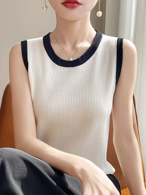Lightweight Sleeveless round Neck Strap Vest Women's Base Layer Shirt Outerwear Knitted Top T-Shirt Upper Body Commute Style