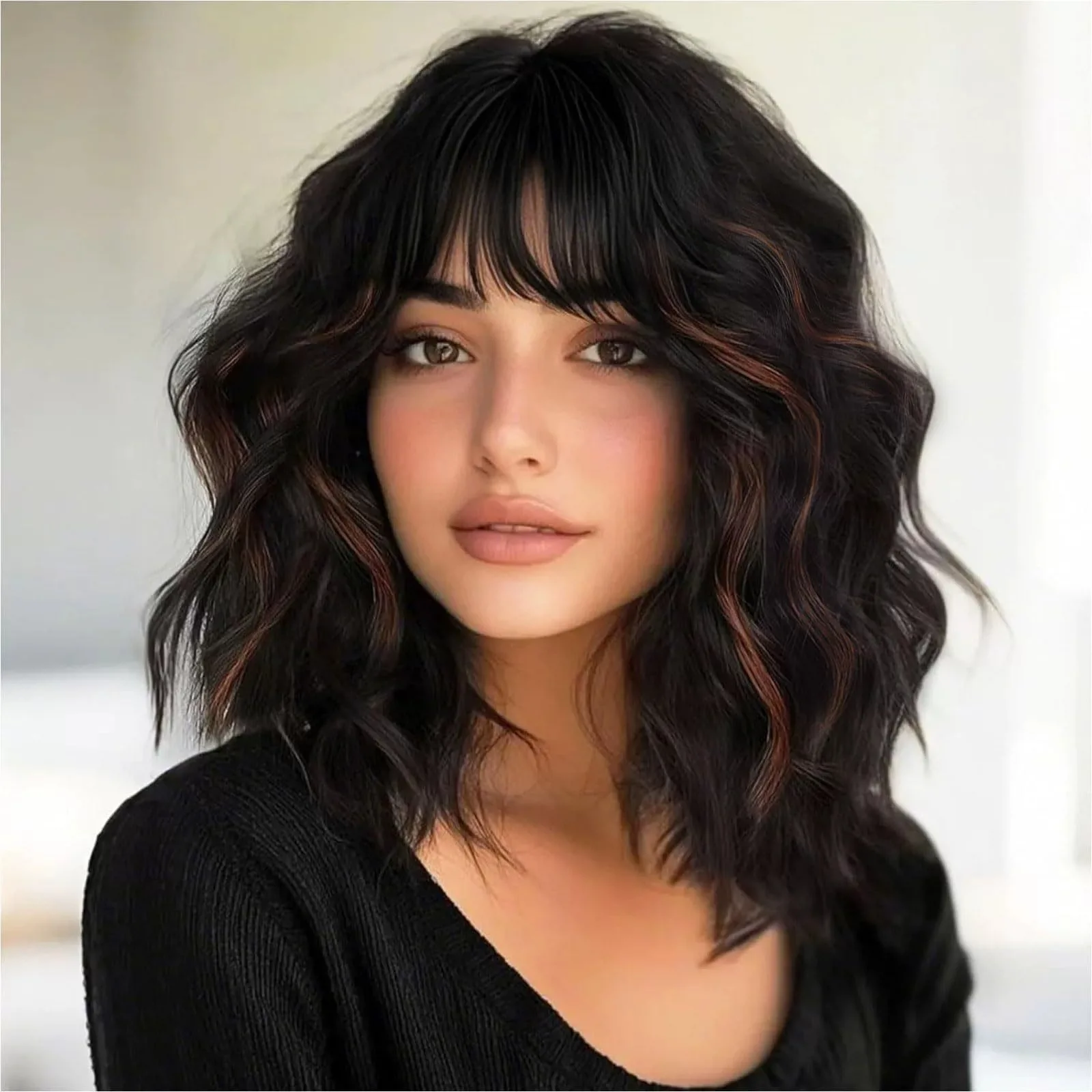 Trendy European & American Short Curly Wig for Women, Middle Part Wavy Shoulder Length Hairpiece, Heat Resistant Fiber