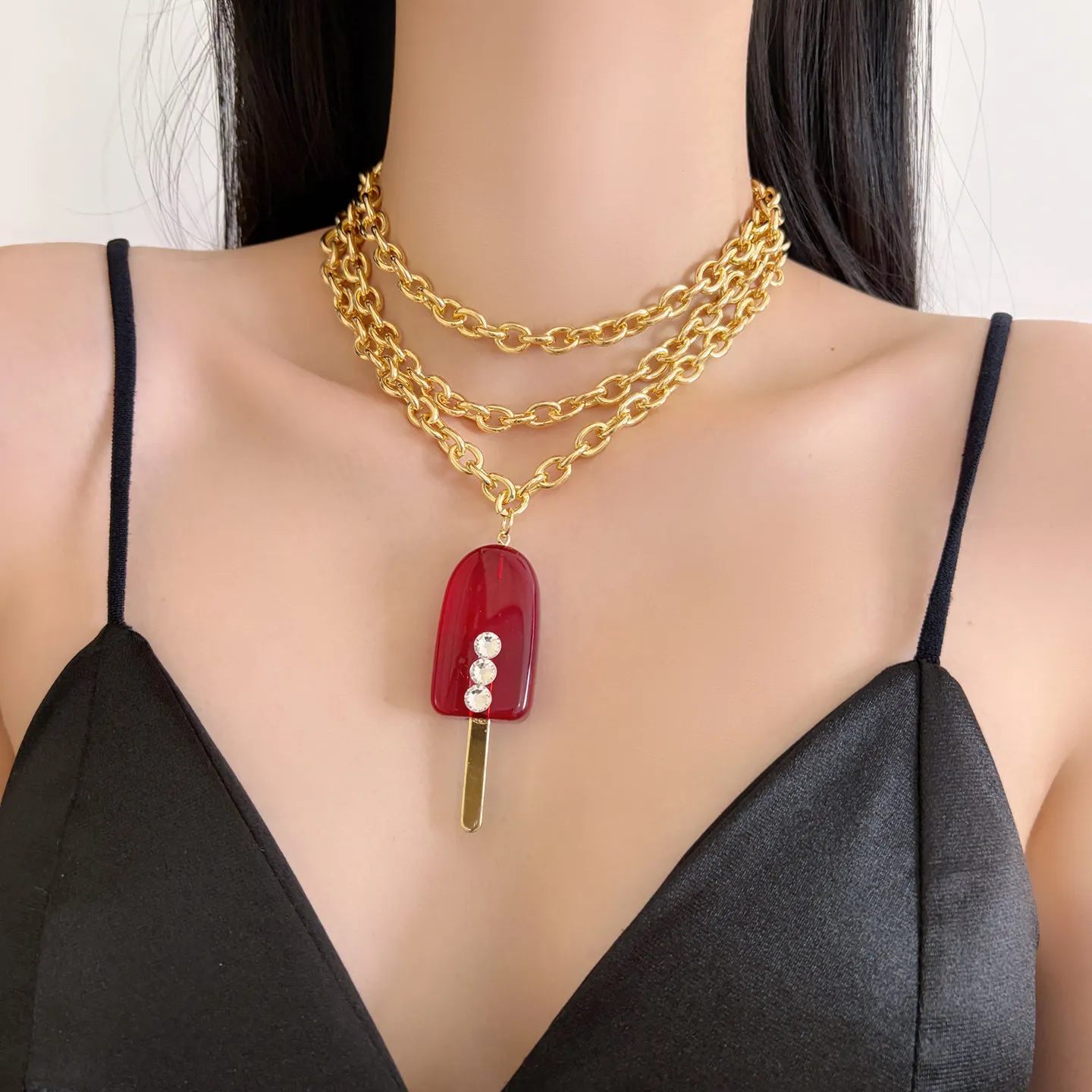 

Multi-layer Metal Chain Ice Cream Pendant Necklace Retro Light Luxury Clavicle Chain Fashion Women Party Jewelry Gift