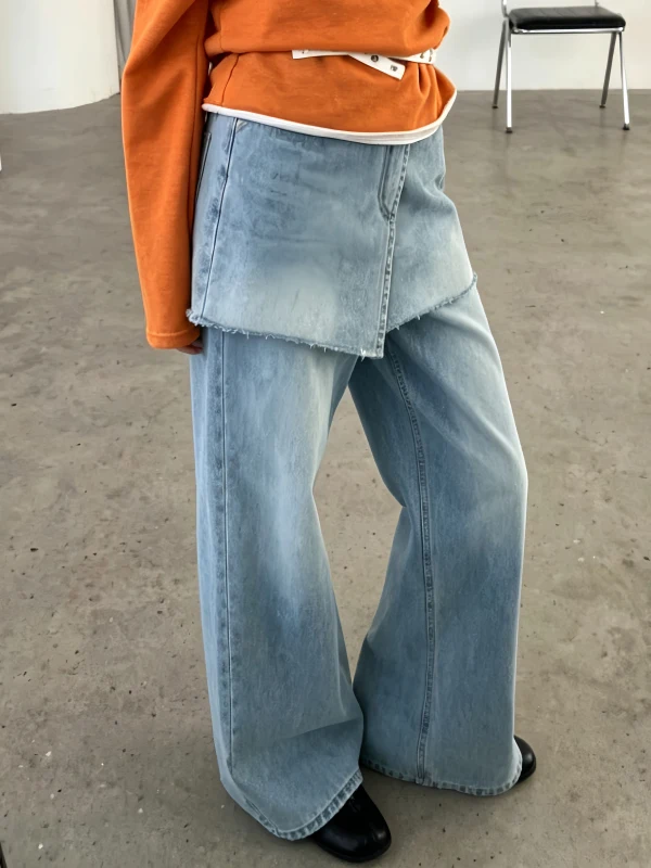 High Waist Wide Leg Jeans Women's Korean Style Design Sensation Fake Two-Piece Denim Floor-Length Pants Slimming Layering Ver...