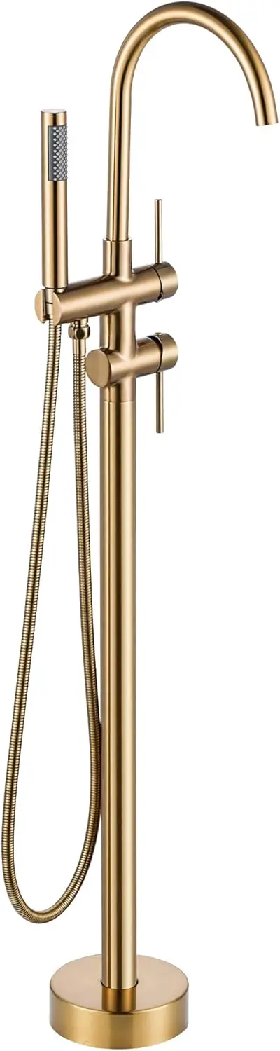 

Floor Mount Tub Filler Brushed Gold, High Flow Brass Bathtub Faucet with Handheld Sprayer
