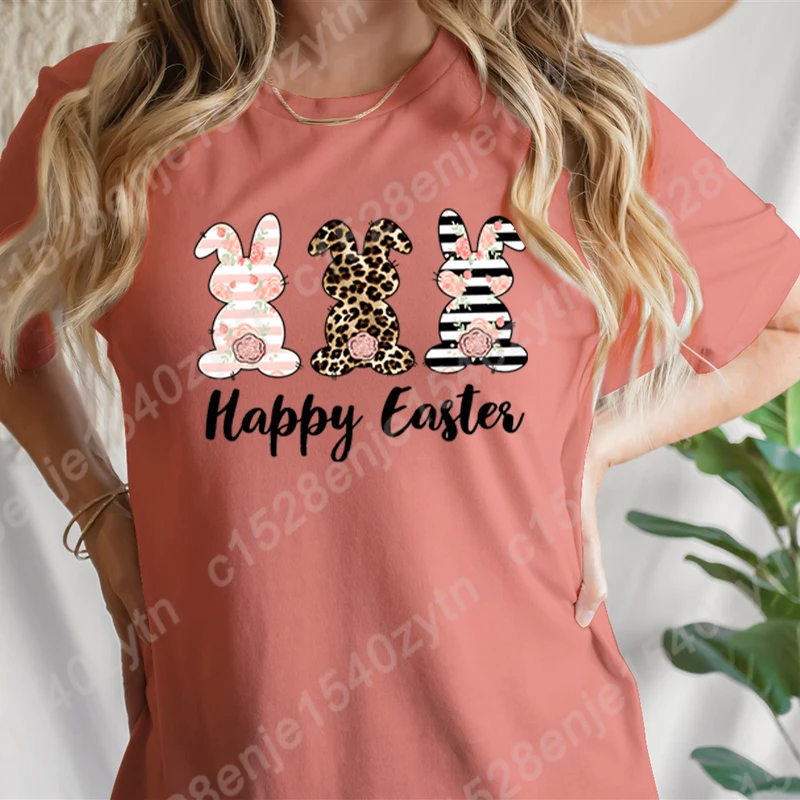 

Cute Bunny Happy Easter Print T-shirts For Women Summer Lovely Short Sleeve Tee Shirt Casual Crew Neck T-Shirt Popular Tees Tops