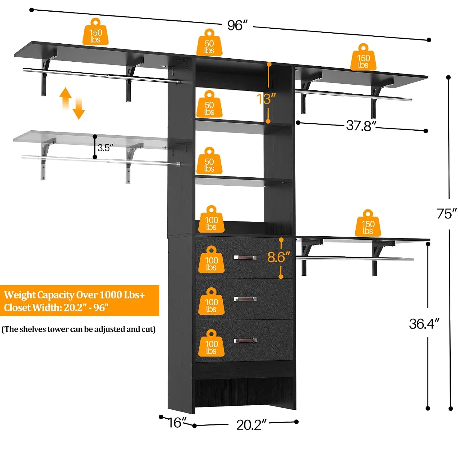 Closet System with Drawer, 8FT Wood Closet Organizer System with 3 Hanging Rods and Shelving Tower, 96
