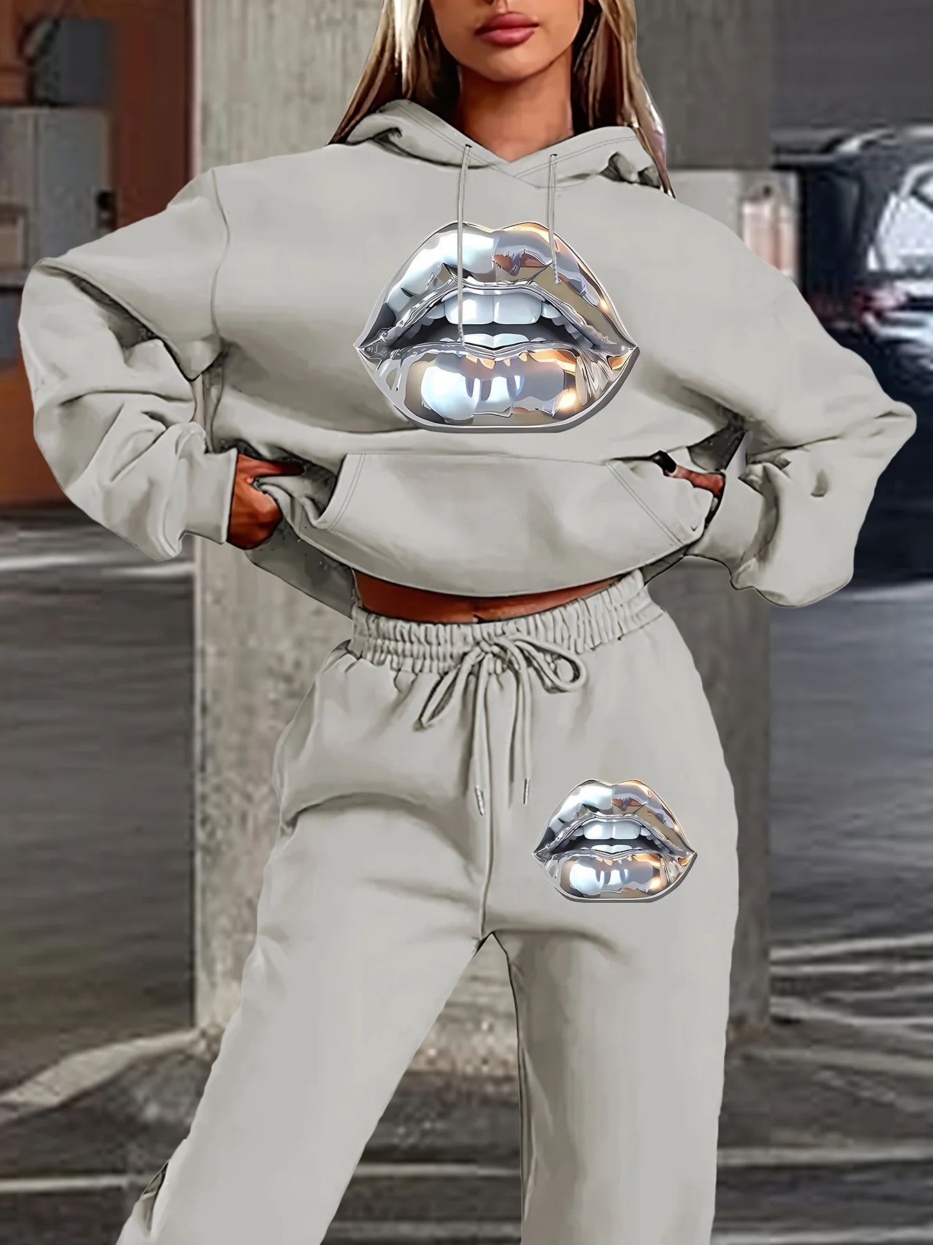 2025 جديد فضي الشفاه طباعة ثلاثية الأبعاد مطبوعة المرأة مقنعين طويلة الأكمام البلوز مجموعة للترفيه المنزلي