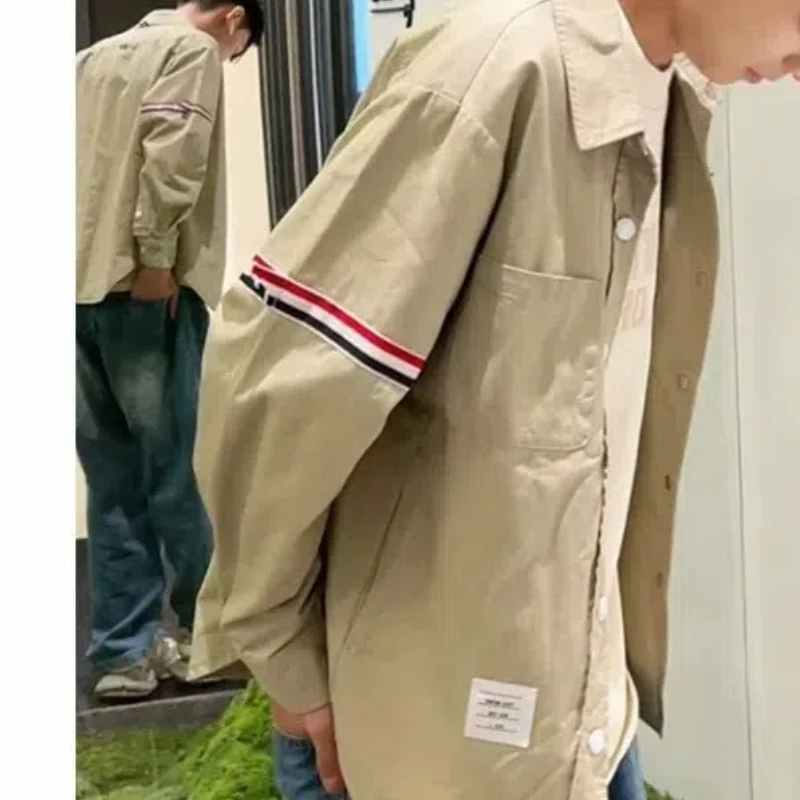 

College Men's 2024 Spring Autumn New Patchwork Square Collar Button Pocket Fashion Solid Color Loose Casual Long Sleeved Shirts