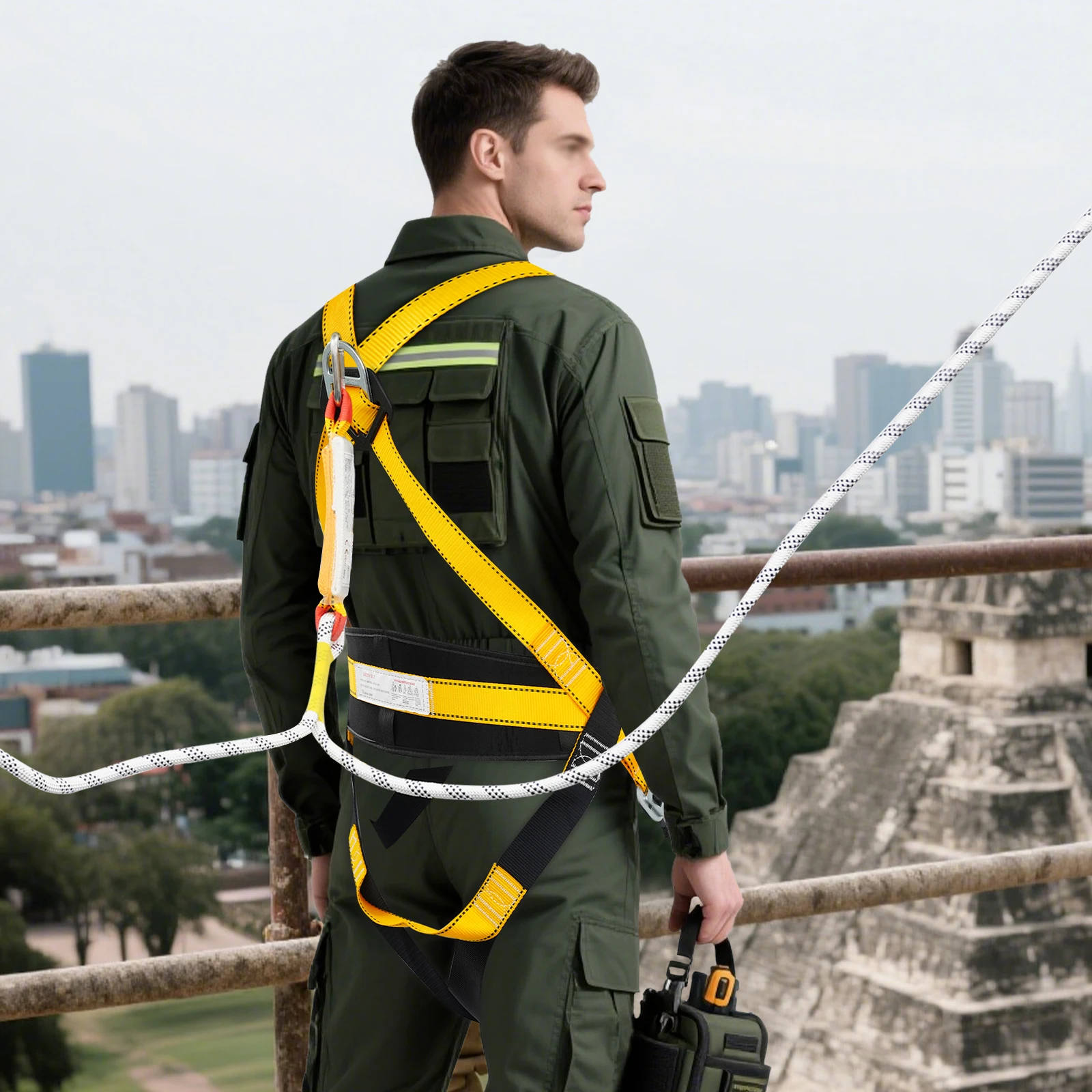 حزام أمان للحماية من السقوط لكامل الجسم، حزام أمان 5 نقاط مع حبل، نظام إيقاف السقوط بسعة 4850 رطلًا للبناء