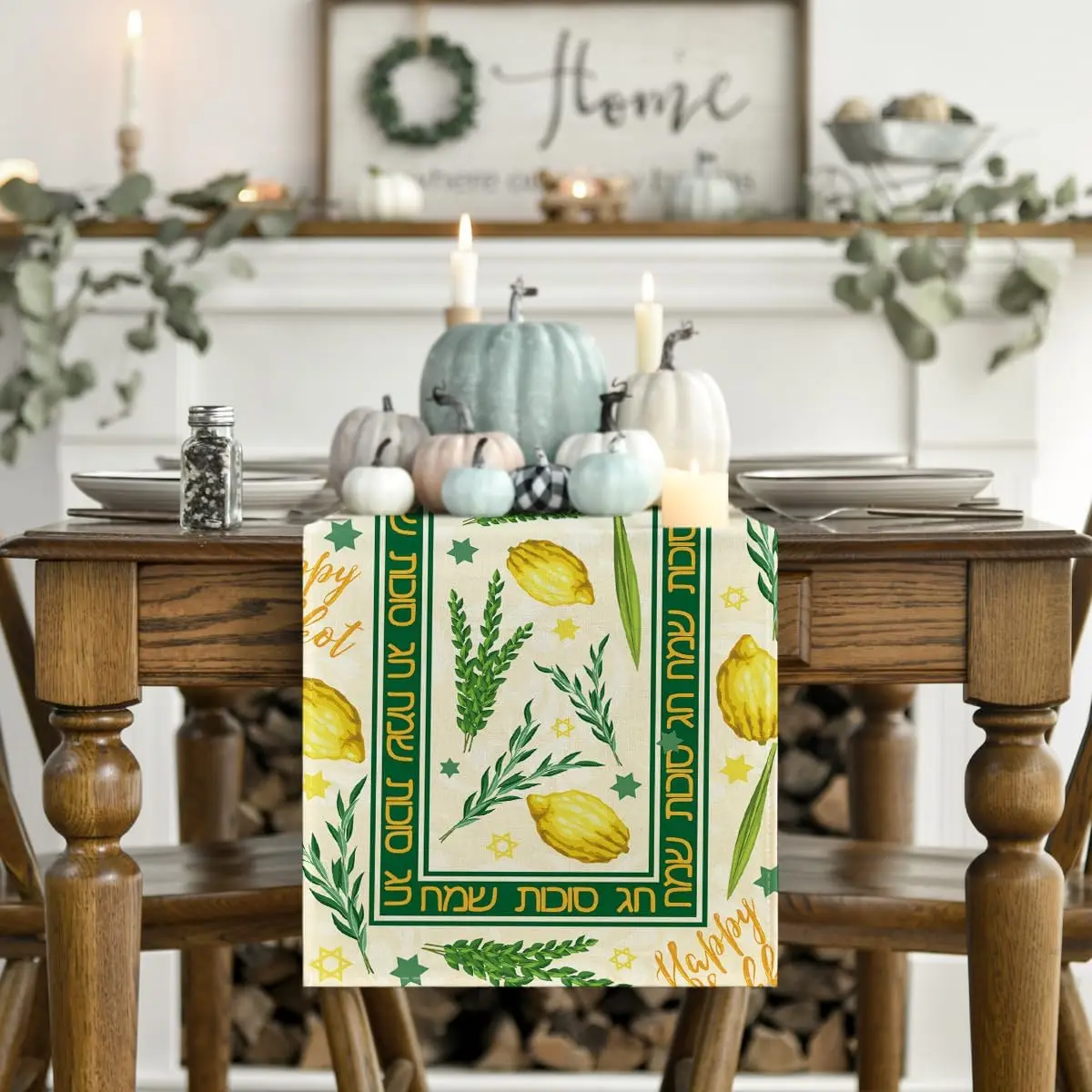 Happy Sukkot Linen Table Runner Dresser Scarves Decor Etrog Lulav Sukkah Kitchen Dining Table Runner Home Party Decorations